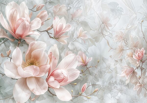 Carta da parati Delicati fiori di magnolia rosa che sbocciano su uno sfondo grigio floreale morbido e, Carta da parati Floreale, w08192 : Uwalls.it
