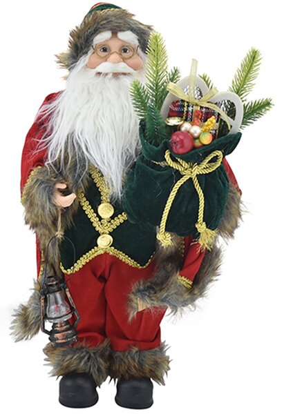 Statuina Babbo Natale 40 cm con Sacco Regali e Lanterna Vestiti in Tessuto Rosso e Verde