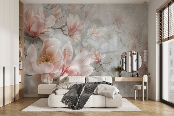 Carta da parati Delicati fiori di magnolia rosa che sbocciano su uno sfondo grigio floreale morbido e, Carta da parati Floreale, w08192 : Uwalls.it