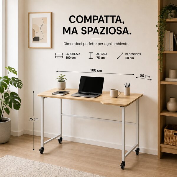 Tavolo Scrivania Pieghevole 100x50x75 cm con 4 Ruote con Freno in MDF e Ferro