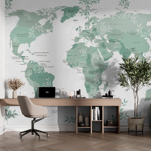 Carta da parati Elegante mappa del mondo con foglie e piante di colore verde, Carta da parati Mappa del Mondo, w08211v1 : Uwalls.it
