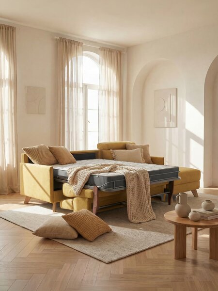 Sole Divano letto matrimoniale angolare con penisola contenitore e pog