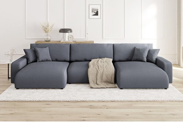 Divano angolare grigio scuro allungabile/con contenitore (a U) con rivestimento in velluto a coste Sara – Ropez