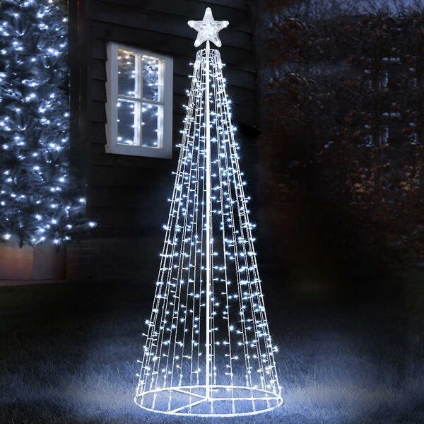 Albero di Natale Luminoso Ø80x220 cm 592 LED con 8 Giochi di Luce da Esterno in Metallo Bianco Freddo