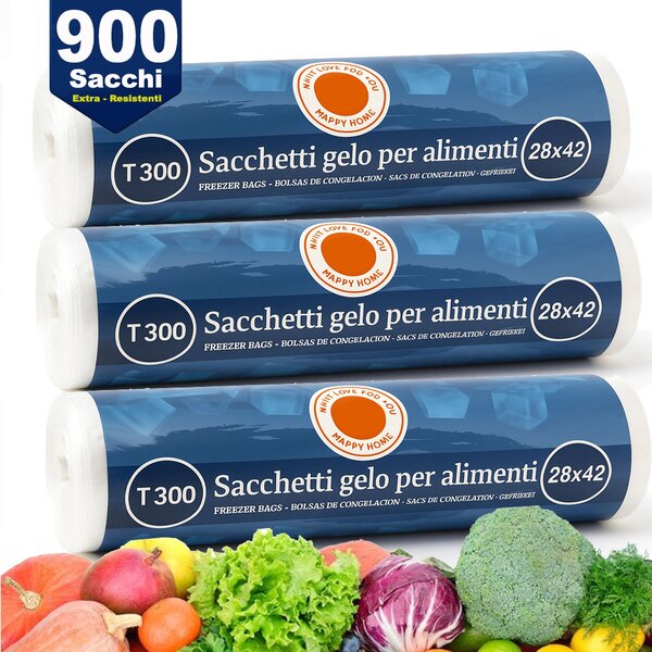 Set 3 Rotoli Sacchetti Freezer 28x42 cm 900 Sacchetti per Alimenti in Plastica Trasparente