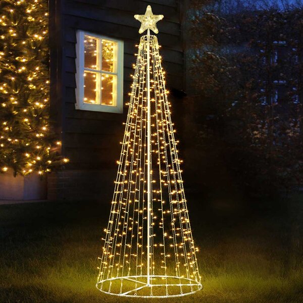 Albero di Natale Luminoso Ø80x220 cm 592 LED con 8 Giochi di Luce da Esterno in Metallo Bianco Caldo