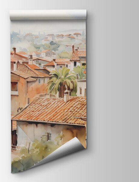 Carta da parati Acquerello di una città con molti edifici e alberi, Carta da parati acquerello sul muro, Carta da parati popolare, w01440 - Tapeko.it