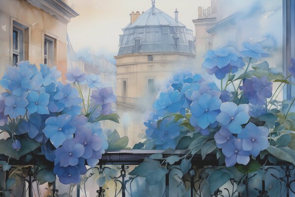 Carta da parati Pittura di fiori blu su un balcone, Carta da parati Finestre, Carta da parati popolare, w01439 - Tapeko.it