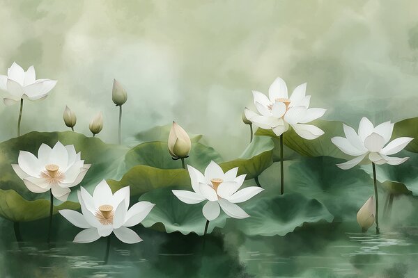 Carta da parati Fiori di loto nel lago, natura, nebbia, disegno acrilico, grandi foglie, giungla,, Carta da parati Floreale, w01450 : Uwalls.it