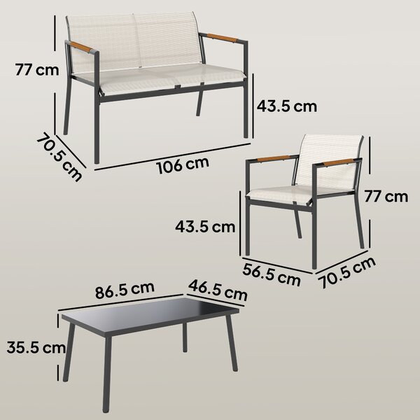 Outsunny Set Mobili da Giardino per 4 Persone, Lounge Traspirante con Divano 2 Posti, 2 Poltrone e Tavolo in Metallo | Aosom Italy