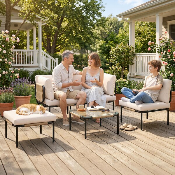 Outsunny Set da Giardino 5 Pezzi in Polyrattan, con 3 Poltrone, Tavolo in Vetro, Pouf, Seduta Ampia e Profonda, Cuscini Rimovibili | Aosom Italy