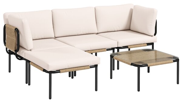 Outsunny Set da Giardino 5 Pezzi in Polyrattan, con 3 Poltrone, Tavolo in Vetro, Pouf, Seduta Ampia e Profonda, Cuscini Rimovibili | Aosom Italy