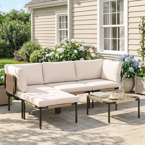 Outsunny Set da Giardino 5 Pezzi in Polyrattan, con 3 Poltrone, Tavolo in Vetro, Pouf, Seduta Ampia e Profonda, Cuscini Rimovibili | Aosom Italy