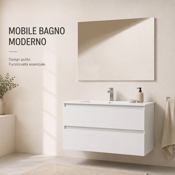 Mobile Bagno Sospeso Otranto 91x46x50 cm con Lavabo Specchio 90x70 cm e 2 Cassetti in Truciolato e MDF Bianco