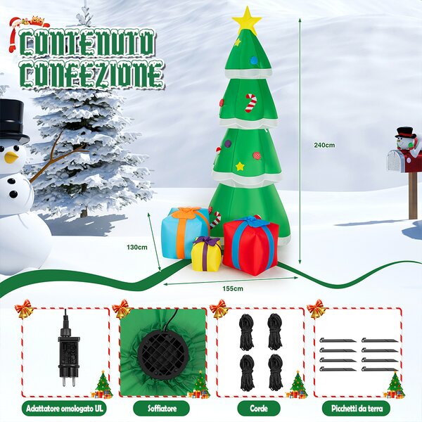 Gonfiabile Albero di Natale XXL 155x130x240 cm con LED da Esterno IP44 Verde
