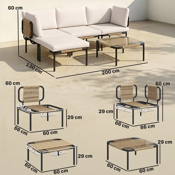 Outsunny Set da Giardino 5 Pezzi in Polyrattan, con 3 Poltrone, Tavolo in Vetro, Pouf, Seduta Ampia e Profonda, Cuscini Rimovibili | Aosom Italy
