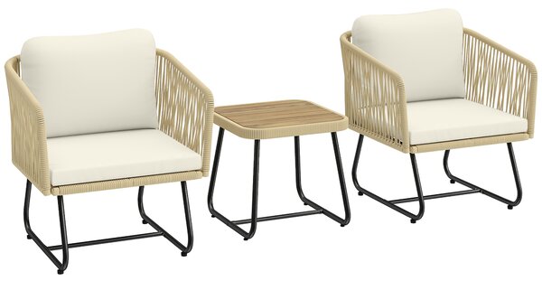 Outsunny Set da Giardino 3 Pezzi, Tavolo a Doghe in Legno, 2 Poltrone, Cuscini Spessi Lavabili, Struttura in Acciaio Zincato, Bianco Crema | Aosom Italy