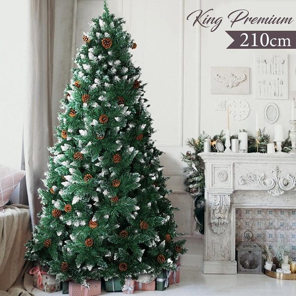 Albero di Natale Innevato King Premium 210 cm 1178 Rami con Pigne e Base in Legno Verde