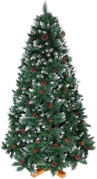 Albero di Natale Innevato King Premium 210 cm 1178 Rami con Pigne e Base in Legno Verde