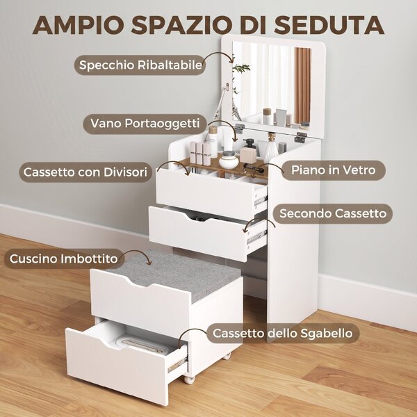 HOMCOM Toeletta 3 in 1 con Specchio Ribaltabile e Sgabello, con Cassetti, Bianco | Aosom Italy