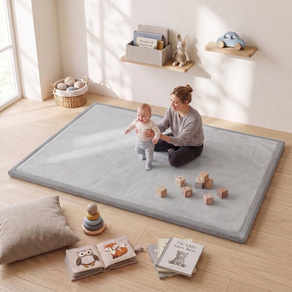 AIYAPLAY Tappeto per Bambini in Schiuma e Flanella, Antiscivolo, 180x150 cm, Grigio Chiaro | Aosom Italy