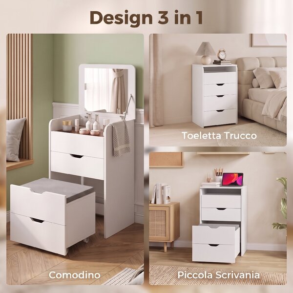 HOMCOM Toeletta 3 in 1 con Specchio Ribaltabile e Sgabello, con Cassetti, Bianco | Aosom Italy