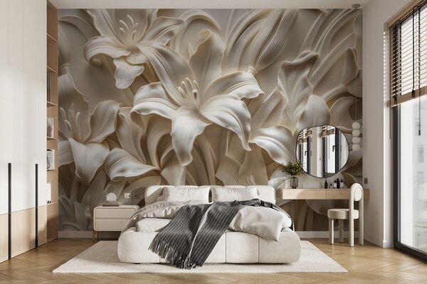 Carta da parati Elegante rilievo beige 3d di gigli intagliati, Carta da parati 3D, Carta da parati Fiori 3D, w01433 : Uwalls.it