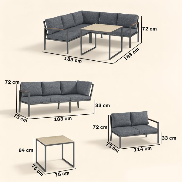 Outsunny Salotto da Giardino Esterno 3 Pezzi per 5 Persone, 2 Divani con Cuscini Spessi, 1 Tavolino, 183x183x72 cm, Grigio Scuro | Aosom Italy
