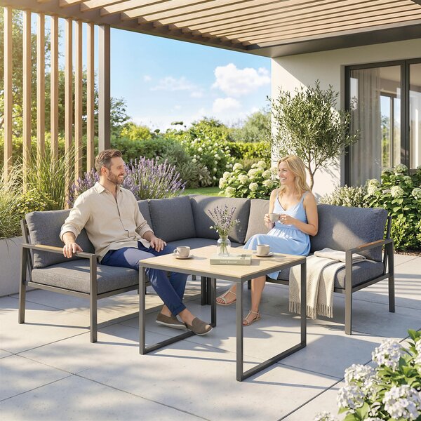 Outsunny Salotto da Giardino Esterno 3 Pezzi per 5 Persone, 2 Divani con Cuscini Spessi, 1 Tavolino, 183x183x72 cm, Grigio Scuro | Aosom Italy