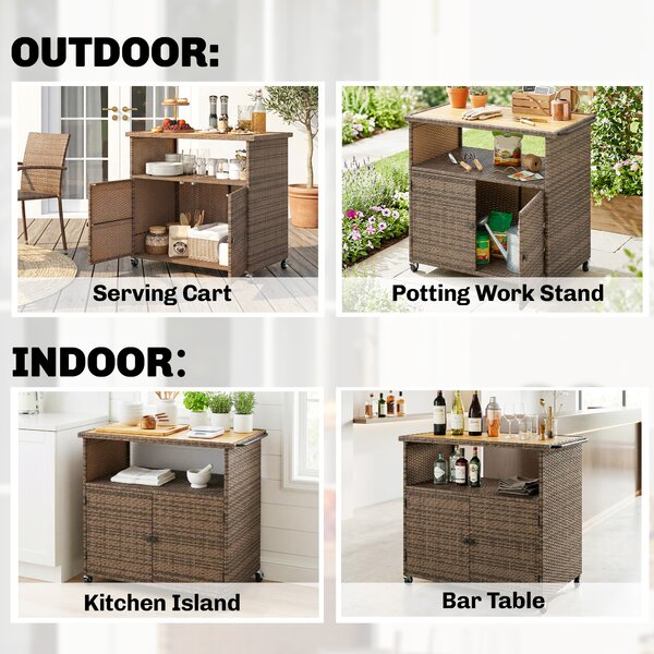 Outsunny Carrello Cucina con Piano, Ripiano, Ruote e Maniglia Laterale, in Rattan, 95x54x84 cm, Marrone | Aosom Italy
