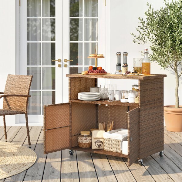 Outsunny Carrello Cucina con Piano, Ripiano, Ruote e Maniglia Laterale, in Rattan, 95x54x84 cm, Marrone | Aosom Italy
