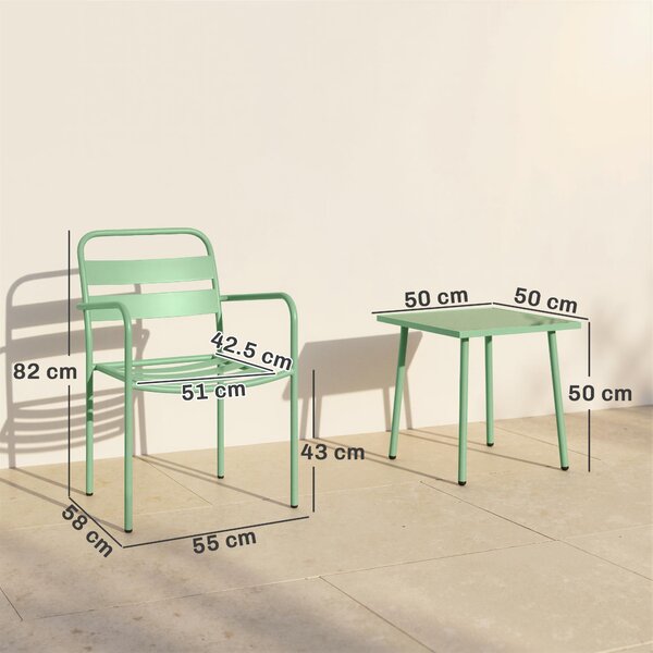 Outsunny Set da Giardino 3 Pezzi, Tavolo con Piano in Vetro Temperato e 2 Sedie a Doghe, Struttura in Acciaio Zincato, Verde | Aosom Italy