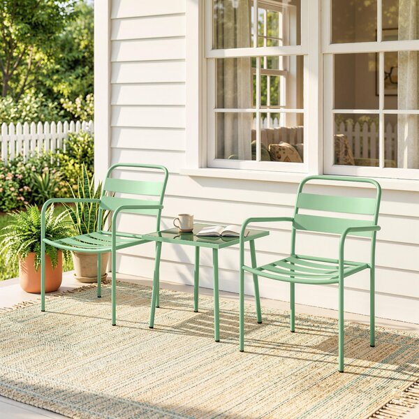 Outsunny Set da Giardino 3 Pezzi, Tavolo con Piano in Vetro Temperato e 2 Sedie a Doghe, Struttura in Acciaio Zincato, Verde | Aosom Italy