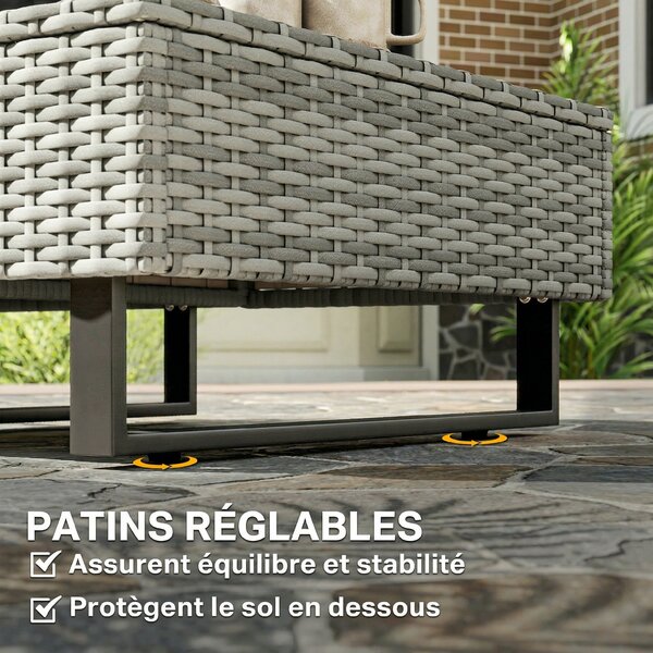 Outsunny Salotto da Giardino 3 Pezzi in Rattan, Divano Angolare a L con Schienale Regolabile e Tavolino Effetto Legno, Grigio | Aosom Italy