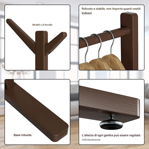 Stand Appendiabiti in Bambù 65x40x132-170 cm con 8 Ganci e Barra Portata 120 kg Rovere