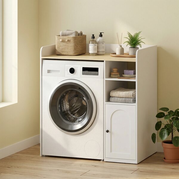 HOMCOM Mobile Sopra Lavatrice con Cerniere Ammortizzate e Ripiani Aperti, 93,5x60x100 cm, Bianco e Legno Naturale | Aosom Italy