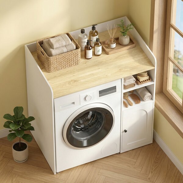 HOMCOM Mobile Sopra Lavatrice con Cerniere Ammortizzate e Ripiani Aperti, 93,5x60x100 cm, Bianco e Legno Naturale | Aosom Italy