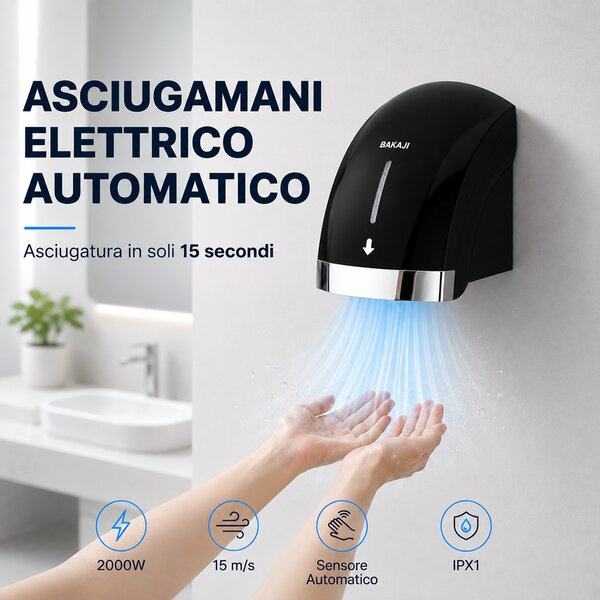 Asciugamani Elettrico da Parete 2000 W 24x24x21 cm con Fotocellula e Asciugatura in 15 Secondi in ABS Nero