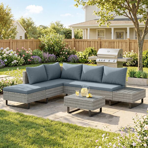 Outsunny Salotto da Giardino 3 Pezzi in Rattan, Divano Angolare a L con Schienale Regolabile e Tavolino Effetto Legno, Grigio | Aosom Italy