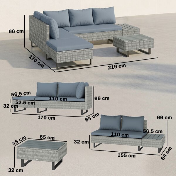 Outsunny Salotto da Giardino 3 Pezzi in Rattan, Divano Angolare a L con Schienale Regolabile e Tavolino Effetto Legno, Grigio | Aosom Italy