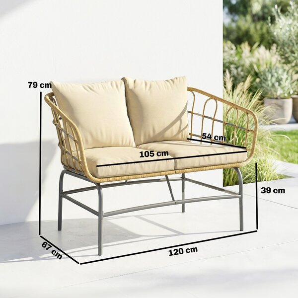 Outsunny Divano da Giardino 2 Posti in Resina Intrecciata con Cuscini Spessi, Antiscivolo, 120x67x79 cm, Marrone | Aosom Italy