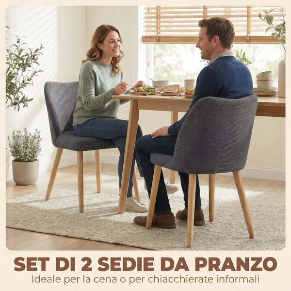 HOMCOM Set di 2 Sedie Pranzo Imbottite con Gambe Legno Hevea, Tessuto Grigio Chiaro | Aosom Italy