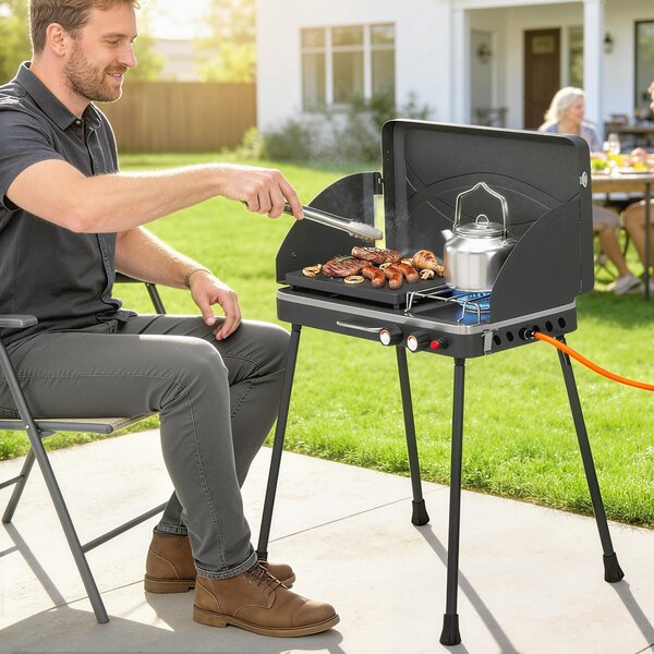 Outsunny 2-in-1 Portatile BBQ a Gas Propano, Griglia e Fornello, 7KW, Nero | Aosom Italy