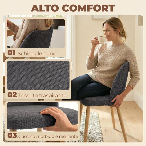 HOMCOM Set di 2 Sedie Pranzo Imbottite con Gambe Legno Hevea, Tessuto Grigio Chiaro | Aosom Italy