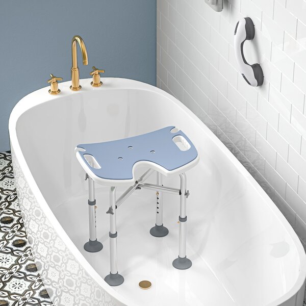 HOMCOM Sgabello da Doccia Regolabile 39-51,5 cm con Barra di Appoggio e Ventose, Blu Chiaro | Aosom Italy