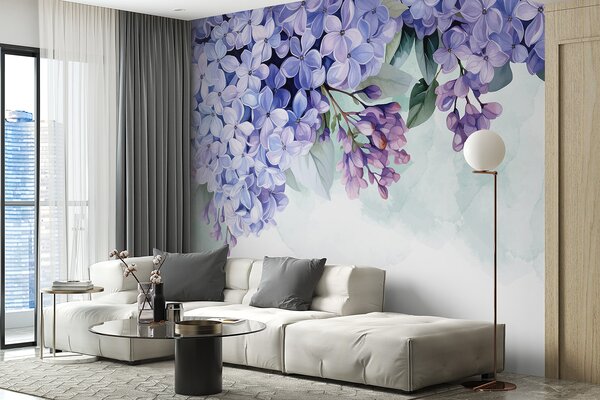 Carta da parati Fiori di ortensia viola vibranti con foglie verdi, che riempiono la cornice su uno, Carta da parati Acquerello, w08223 : Uwalls.it