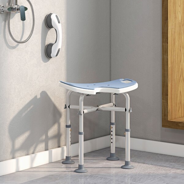 HOMCOM Sgabello da Doccia Regolabile 39-51,5 cm con Barra di Appoggio e Ventose, Blu Chiaro | Aosom Italy