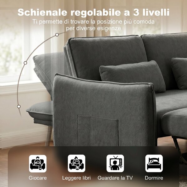 HOMCOM 3 in 1 Divano Letto 2 Posti con Schienale Regolabile in 3 Posizioni con 2 Cuscini, in Ciniglia, Grigio Scuro | Aosom Italy
