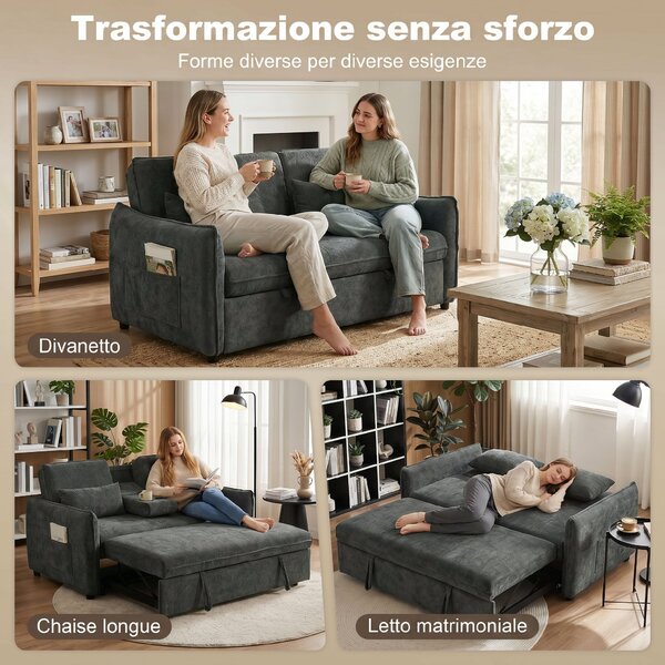 HOMCOM 3 in 1 Divano Letto 2 Posti con Schienale Regolabile in 3 Posizioni con 2 Cuscini, in Ciniglia, Grigio Scuro | Aosom Italy