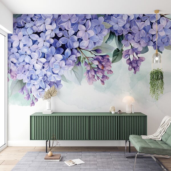 Carta da parati Fiori di ortensia viola vibranti con foglie verdi, che riempiono la cornice su uno, Carta da parati Acquerello, w08223 : Uwalls.it